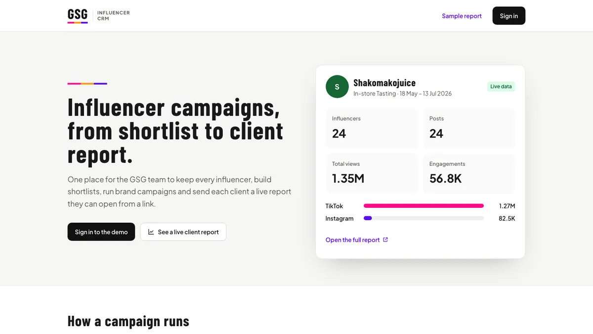 Influencer CRM homepage with a live client report